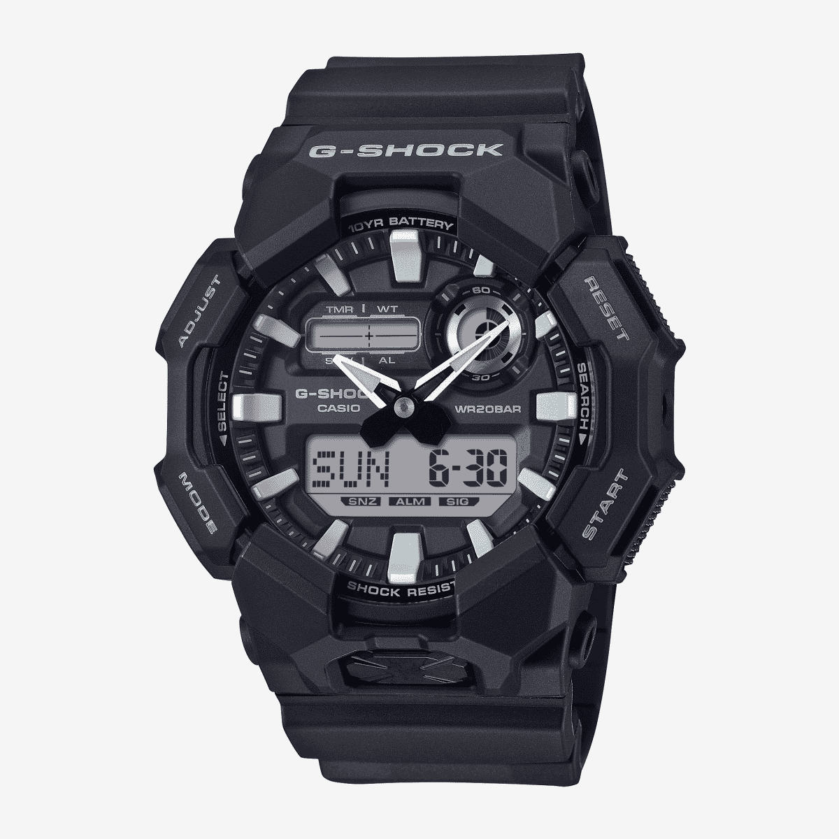 Vista frontal del Reloj Casio G-Shock Classic GA-010-1AER con brazalete negro y esfera negra Vista frontal del Reloj Casio G-Shock Classic GA-010-1AER con brazalete negro y esfera negra