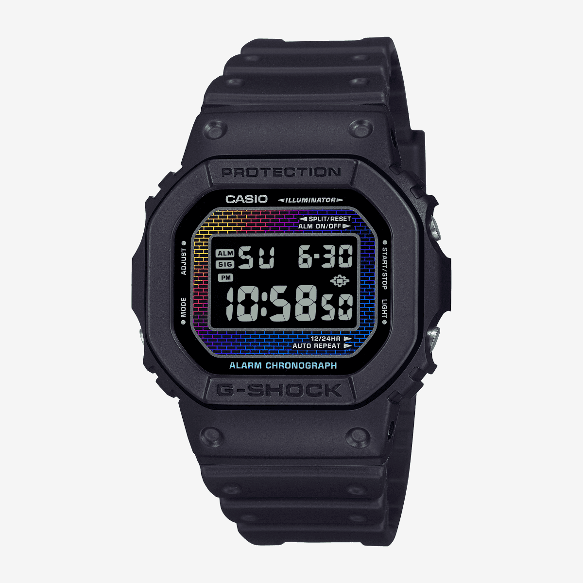 Reloj Casio G-Shock Origen DW-5600RW-1ER con brazalete negro y esfera multicolor vista frontal Reloj Casio G-Shock Origen DW-5600RW-1ER con brazalete negro y esfera multicolor vista frontal