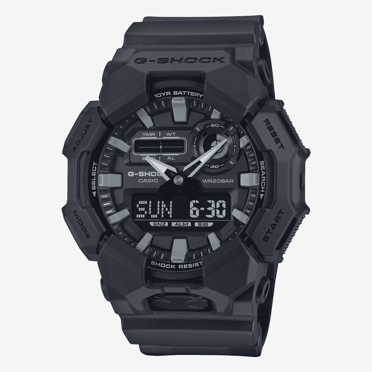 Vista frontal del Reloj Casio G-Shock Classic GA-010-1A1ER con brazalete negro y esfera negra