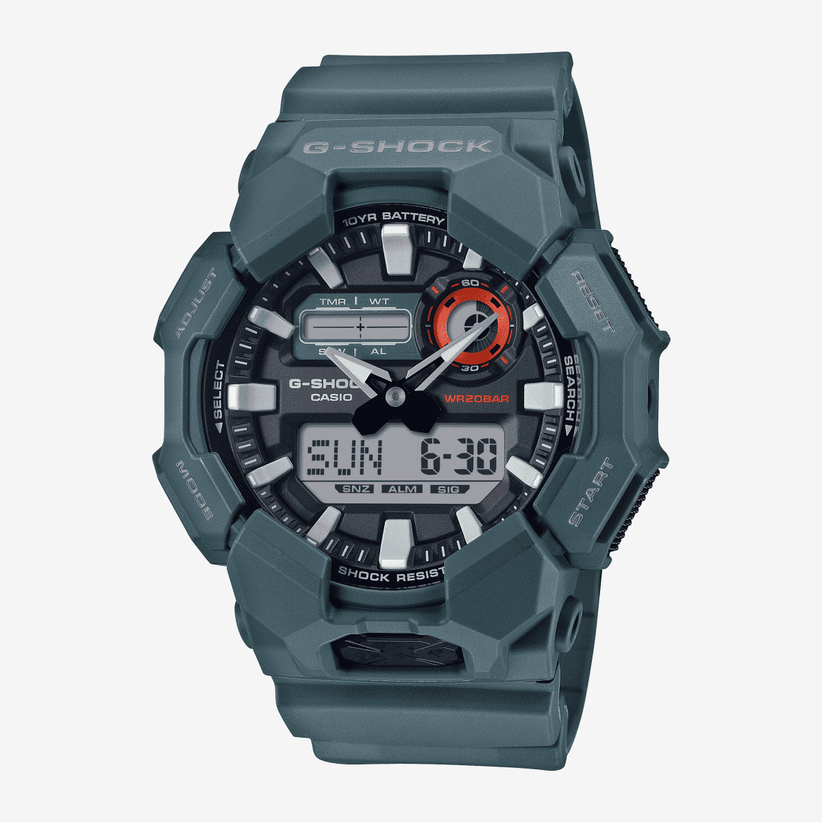 Vista frontal del Reloj Casio G-Shock Classic GA-010-2AER con brazalete verde y esfera negra Vista frontal del Reloj Casio G-Shock Classic GA-010-2AER con brazalete verde y esfera negra