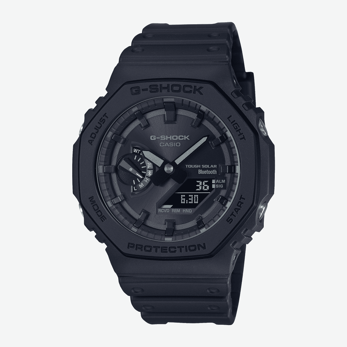Vista frontal del Reloj Casio G-Shock Estándar GA-B2100-1A1ER con brazalete negro y esfera negra Vista frontal del Reloj Casio G-Shock Estándar GA-B2100-1A1ER con brazalete negro y esfera negra