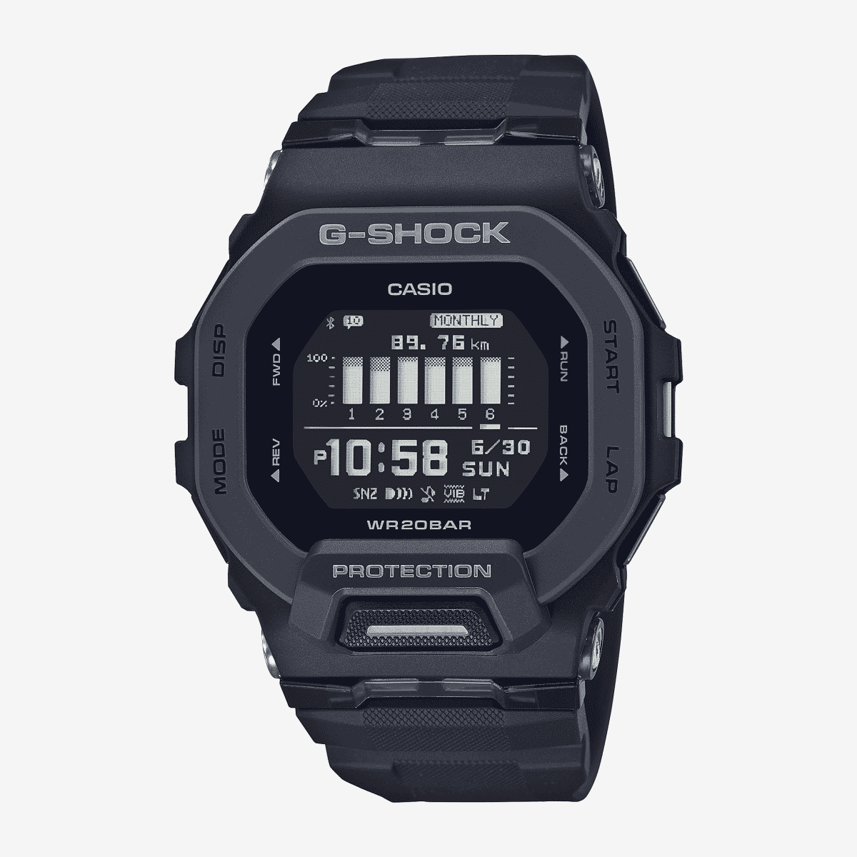Vista frontal del Reloj Casio G-Shock G-Squad GBD-200-1ER con brazalete negro y esfera negra Vista frontal del Reloj Casio G-Shock G-Squad GBD-200-1ER con brazalete negro y esfera negra