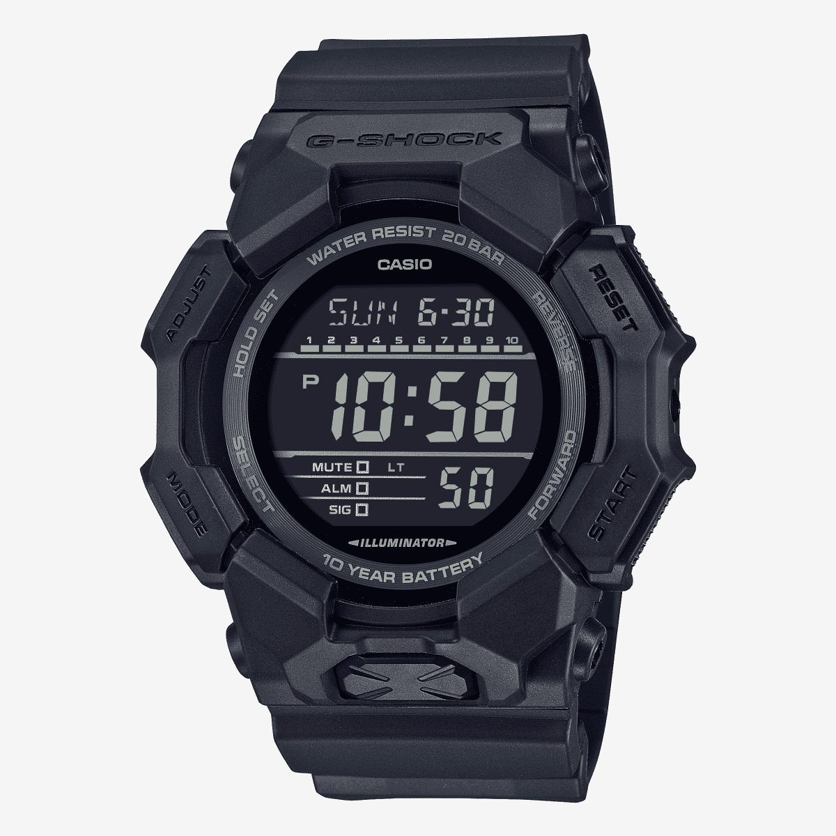 Vista frontal del Reloj Casio G-Shock Classic GD-010-1A1ER con brazalete negro y esfera negra Vista frontal del Reloj Casio G-Shock Classic GD-010-1A1ER con brazalete negro y esfera negra