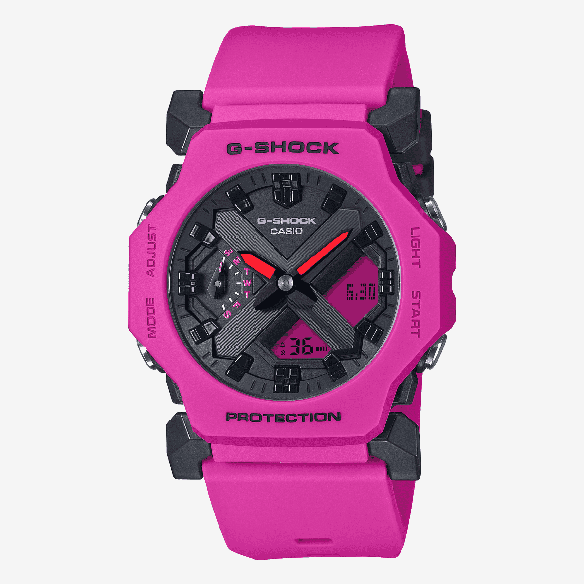 Vista frontal del Reloj Casio G-Shock Classic GA-2300-4AER con brazalete rosa y esfera negra Vista frontal del Reloj Casio G-Shock Classic GA-2300-4AER con brazalete rosa y esfera negra