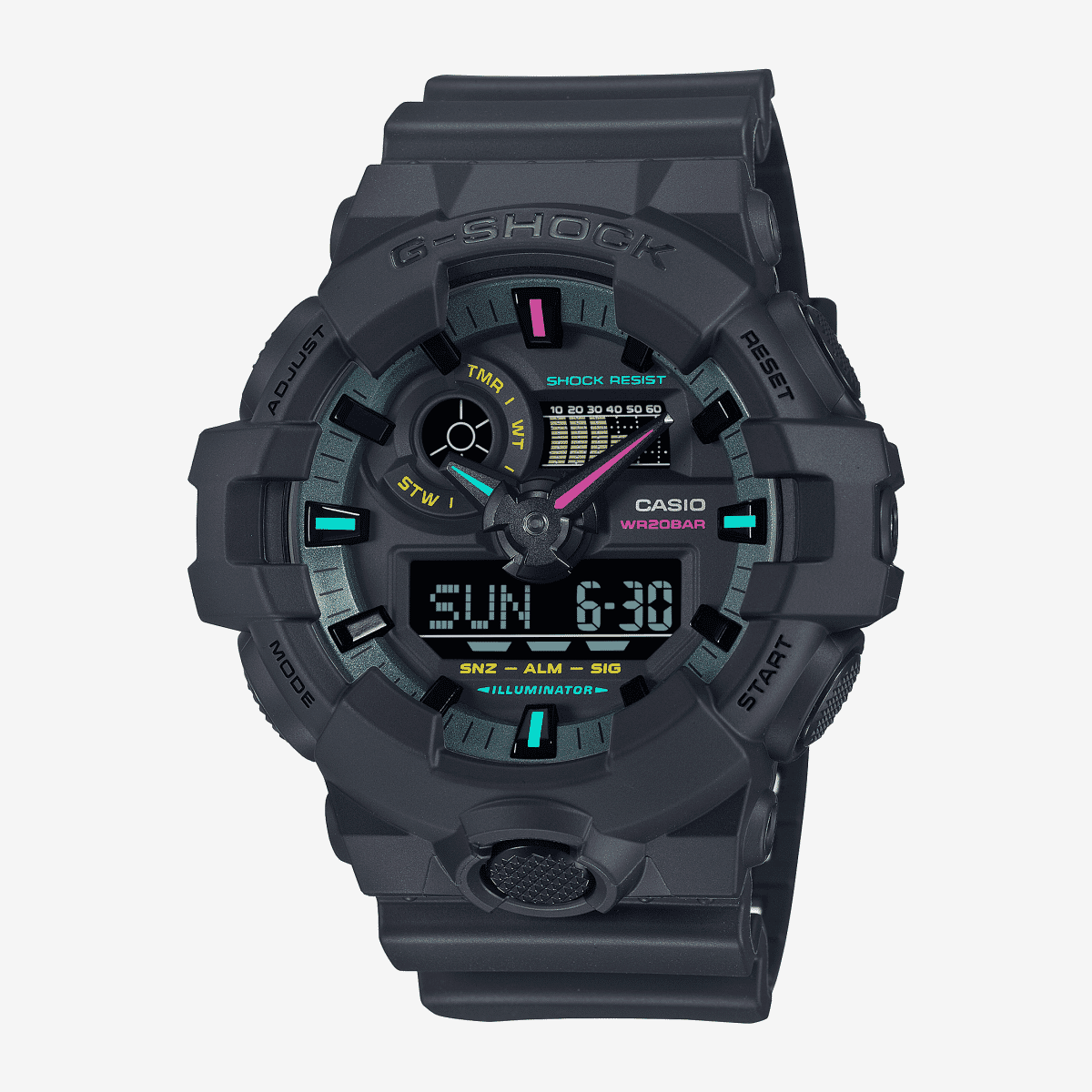 Vista frontal del Reloj Casio G-Shock Classic GA-700MF-1AER con brazalete negro y esfera negra
