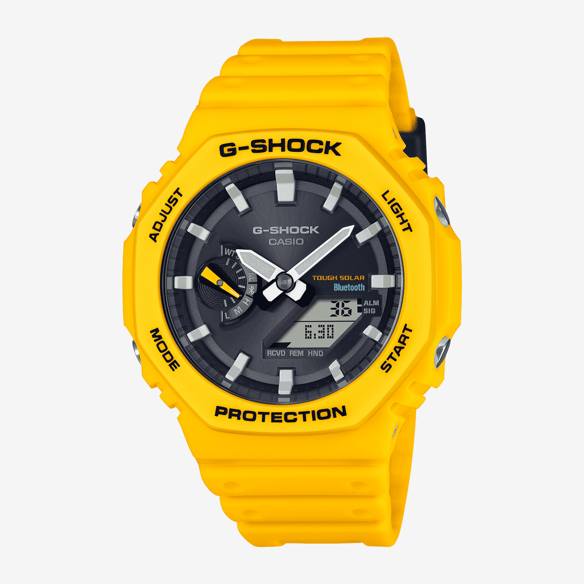 Vista frontal del Reloj Casio G-Shock Estándar GA-B2100C-9AER con brazalete amarillo y esfera negra Vista frontal del Reloj Casio G-Shock Estándar GA-B2100C-9AER con brazalete amarillo y esfera negra