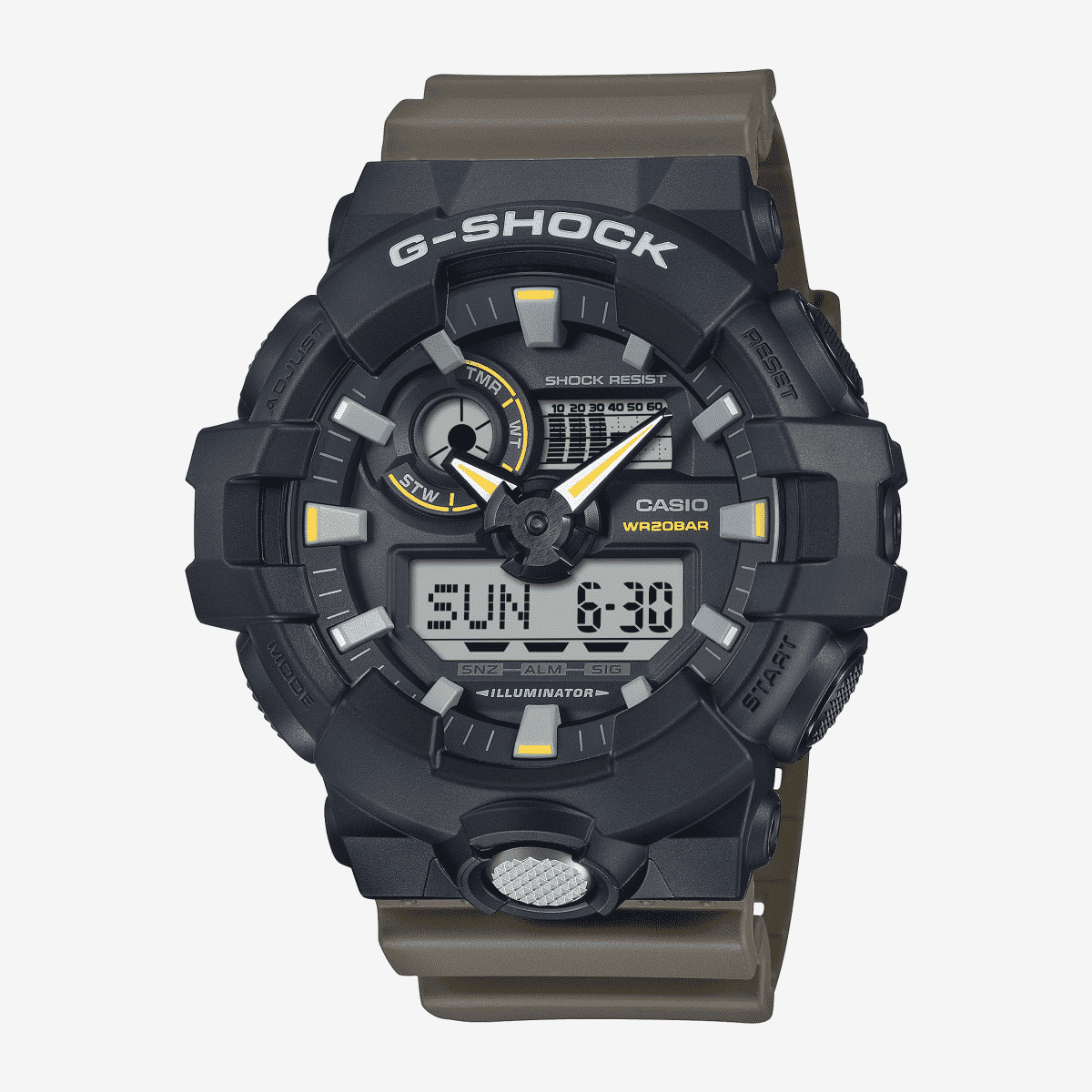 Vista frontal del Reloj Casio G-Shock Classic GA-710TU-1A3ER con brazalete verde y esfera negra Vista frontal del Reloj Casio G-Shock Classic GA-710TU-1A3ER con brazalete verde y esfera negra