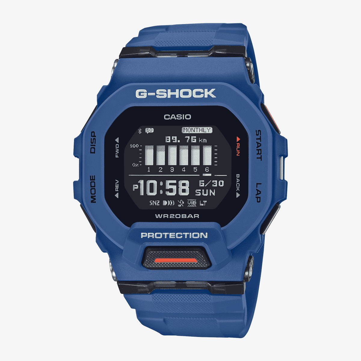 Vista frontal del Reloj Casio G-Shock G-Squad GBD-200-2ER con brazalete azul y esfera negra Vista frontal del Reloj Casio G-Shock G-Squad GBD-200-2ER con brazalete azul y esfera negra