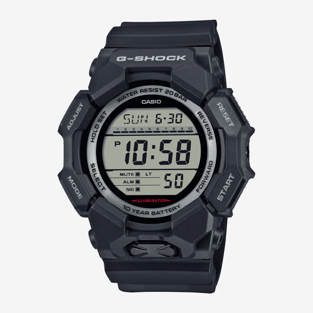 Vista frontal del Reloj Casio G-Shock Classic GD-010-1ER con brazalete negro y esfera negra Vista frontal del Reloj Casio G-Shock Classic GD-010-1ER con brazalete negro y esfera negra