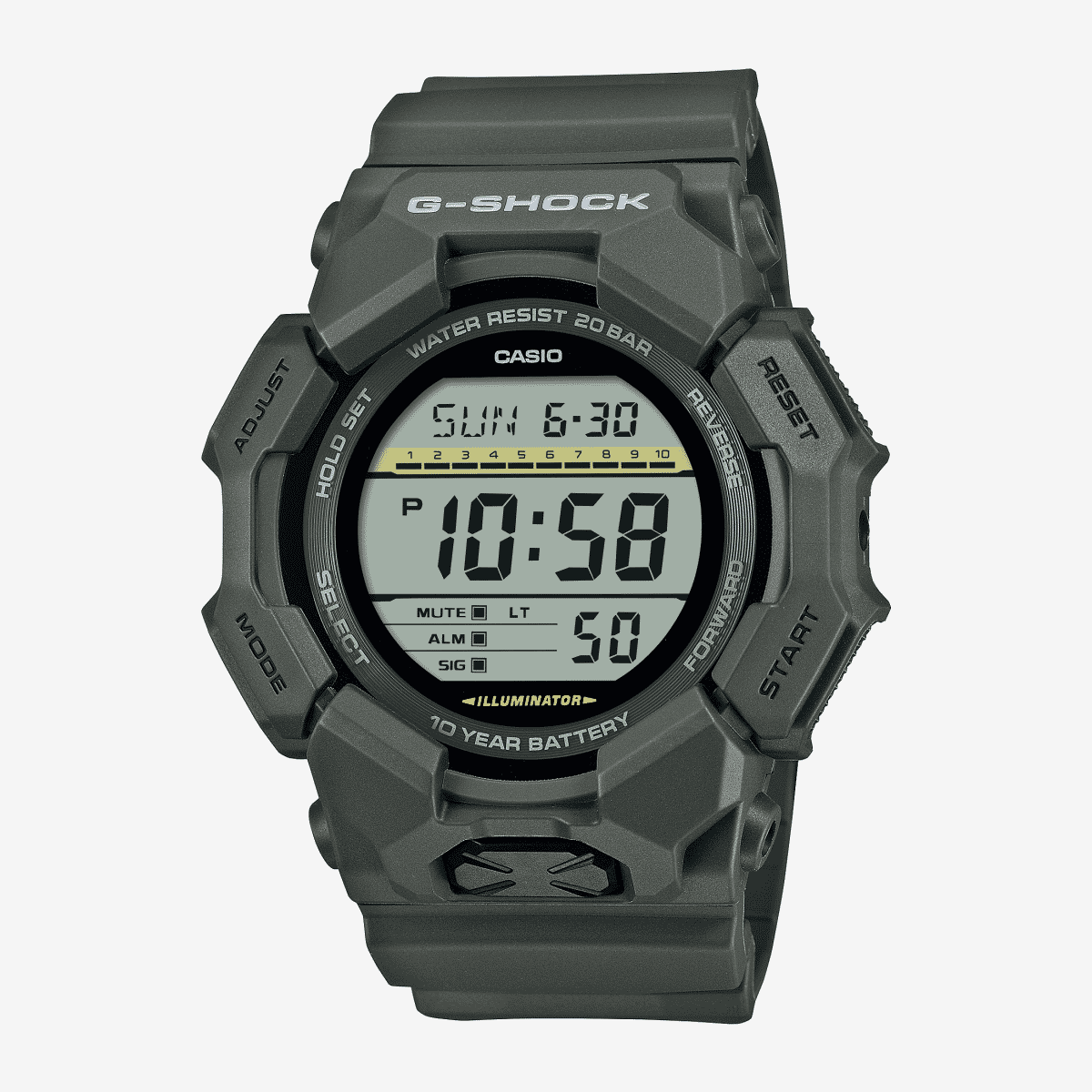 Vista frontal del Reloj Casio G-Shock Classic GD-010-3ER con brazalete verde y esfera negra Vista frontal del Reloj Casio G-Shock Classic GD-010-3ER con brazalete verde y esfera negra