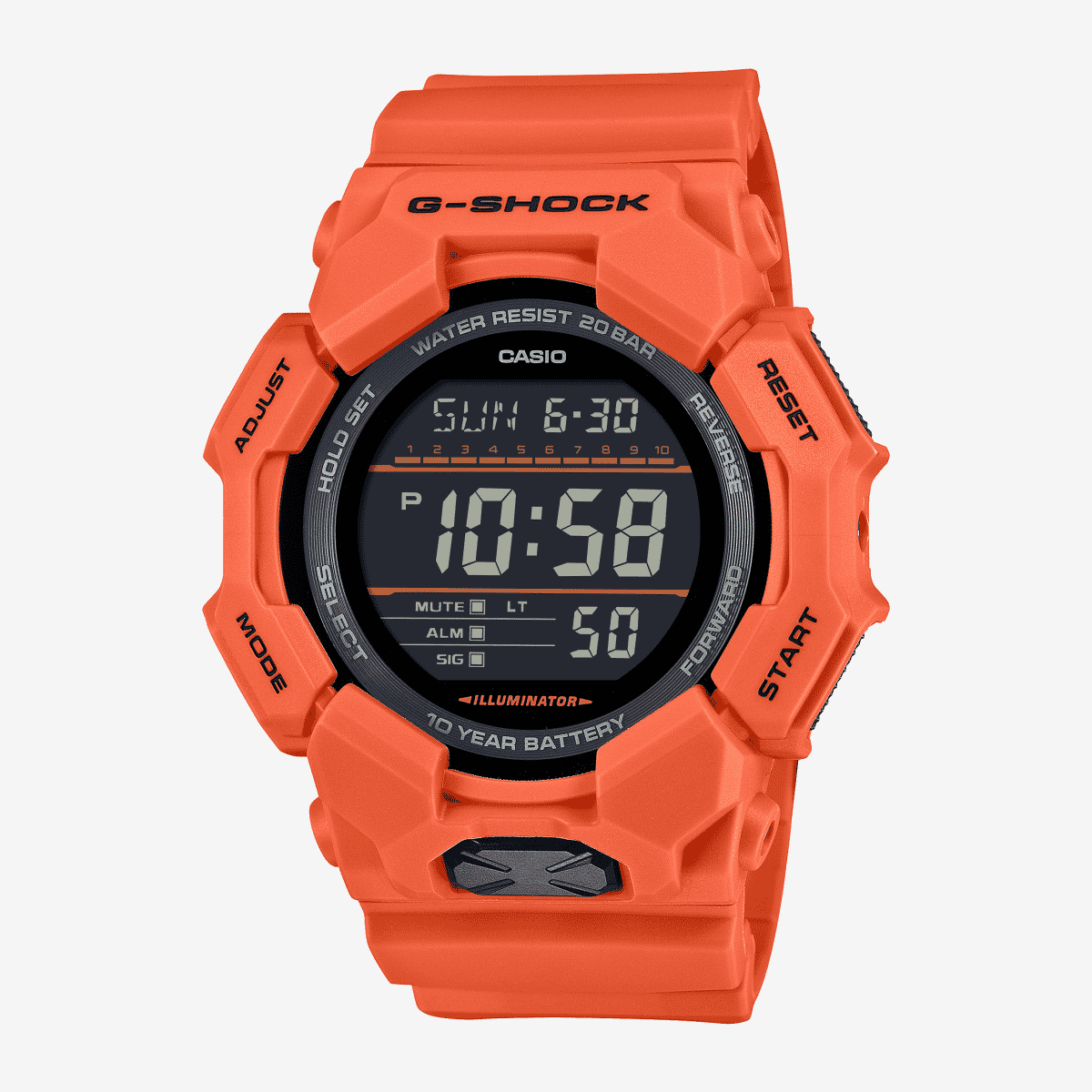 Vista frontal del Reloj Casio G-Shock Classic GD-010-4ER con brazalete naranja y esfera negra Vista frontal del Reloj Casio G-Shock Classic GD-010-4ER con brazalete naranja y esfera negra