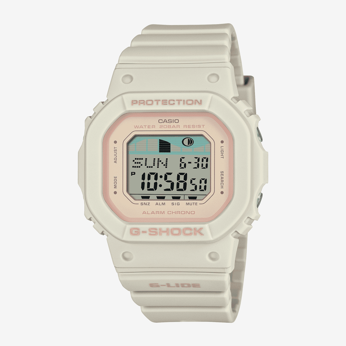 Vista frontal del Reloj Casio G-Shock G-Lide Mujer GLX-S5600-7ER con brazalete blanco y esfera multicolor Vista frontal del Reloj Casio G-Shock G-Lide Mujer GLX-S5600-7ER con brazalete blanco y esfera multicolor