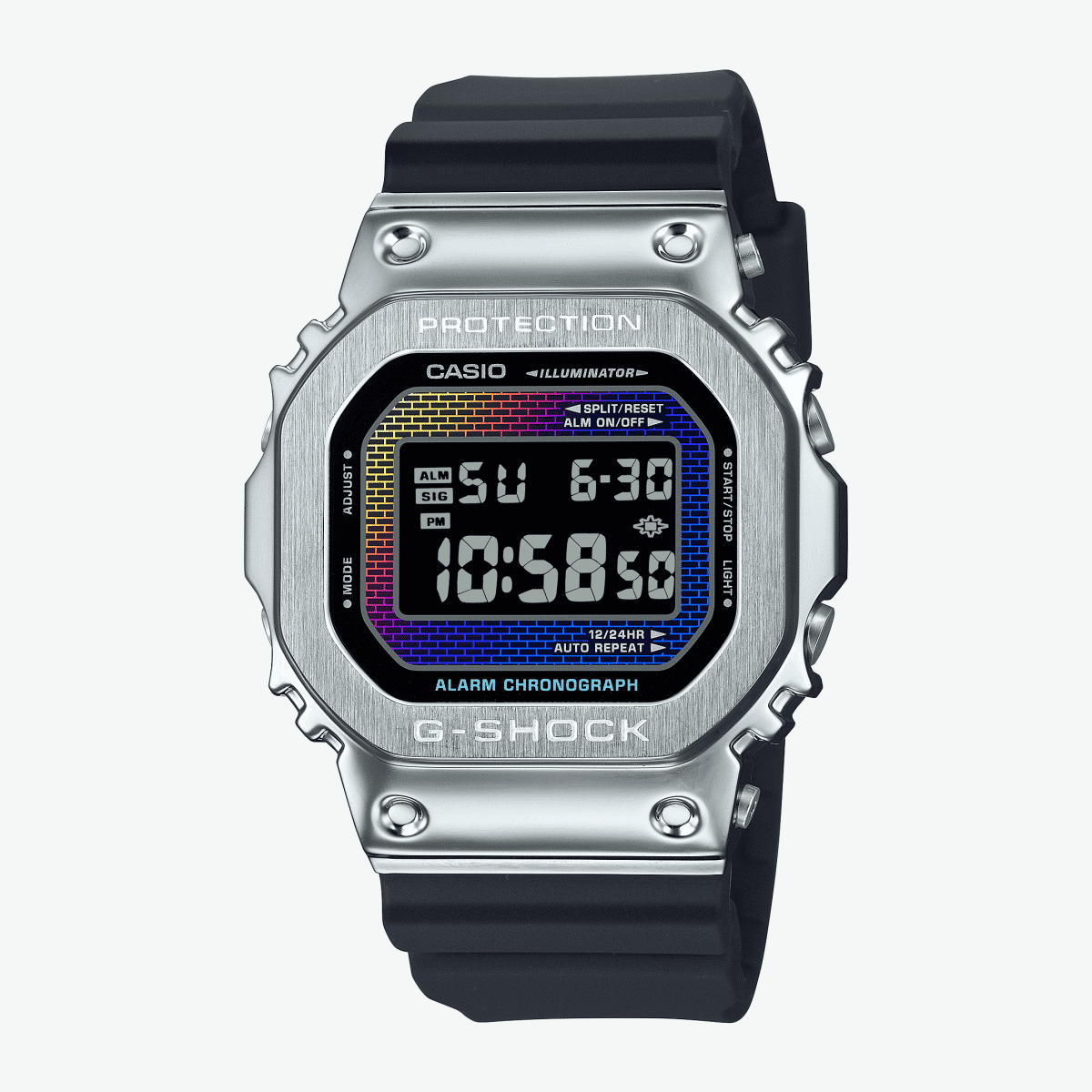 Vista frontal del Reloj Casio G-Shock G-Steel GM-5600RW-1ER con brazalete negro y esfera multicolor Vista frontal del Reloj Casio G-Shock G-Steel GM-5600RW-1ER con brazalete negro y esfera multicolor