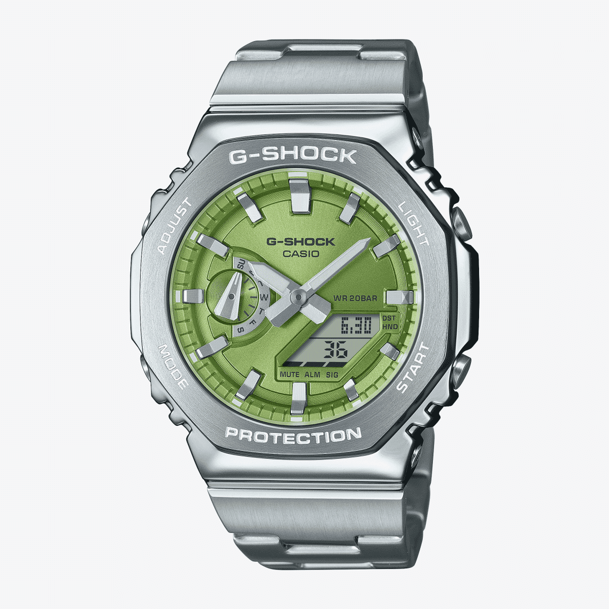Vista frontal del Reloj Casio G-Shock Classic GM-2110D-3AER con brazalete de acero y esfera verde Vista frontal del Reloj Casio G-Shock Classic GM-2110D-3AER con brazalete de acero y esfera verde