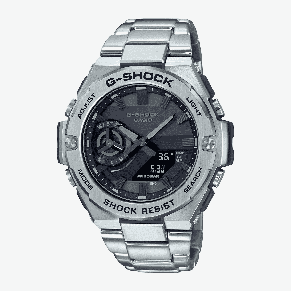Vista frontal del Reloj Casio G-Shock G-Steel GST-B500D-1A1ER con brazalete plateado y esfera negra Vista frontal del Reloj Casio G-Shock G-Steel GST-B500D-1A1ER con brazalete plateado y esfera negra