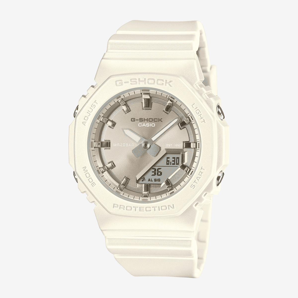Reloj Casio G-Shock Mujer GMA-P2100ST-7AER con brazalete blanco y esfera dorada vista frontal Reloj Casio G-Shock Mujer GMA-P2100ST-7AER con brazalete blanco y esfera dorada vista frontal
