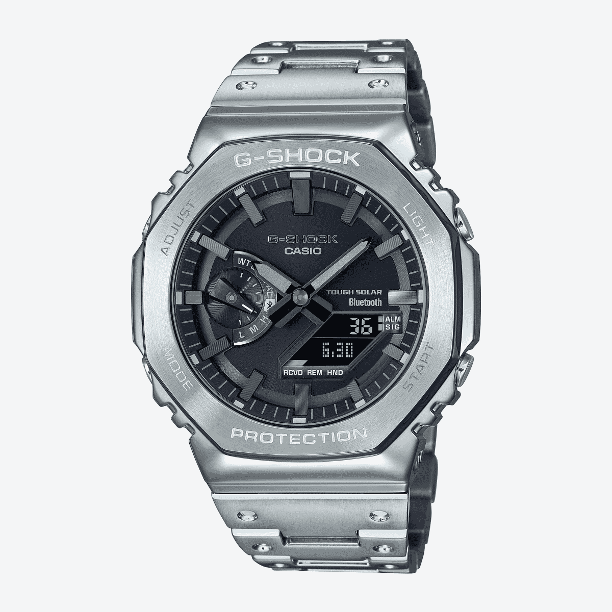 Vista frontal del Reloj Casio G-Shock Classic GM-B2100D-1AER con brazalete de acero y esfera negra Vista frontal del Reloj Casio G-Shock Classic GM-B2100D-1AER con brazalete de acero y esfera negra