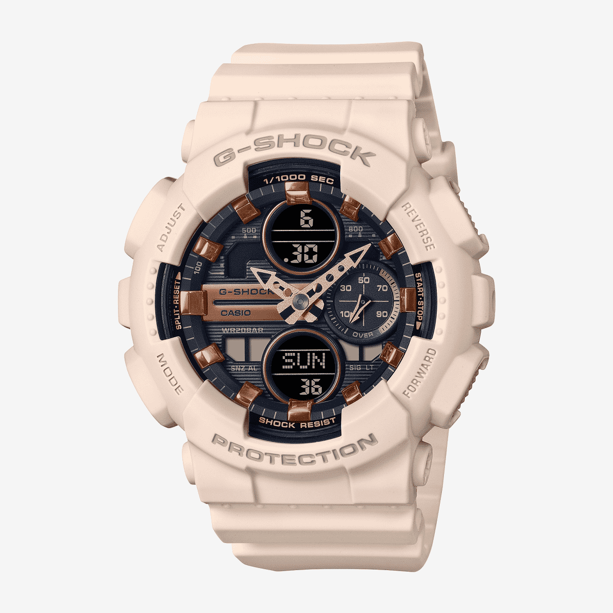Reloj Casio G-Shock Mujer GMA-S140M-4AER con brazalete rosa y esfera negra vista frontal Reloj Casio G-Shock Mujer GMA-S140M-4AER con brazalete rosa y esfera negra vista frontal