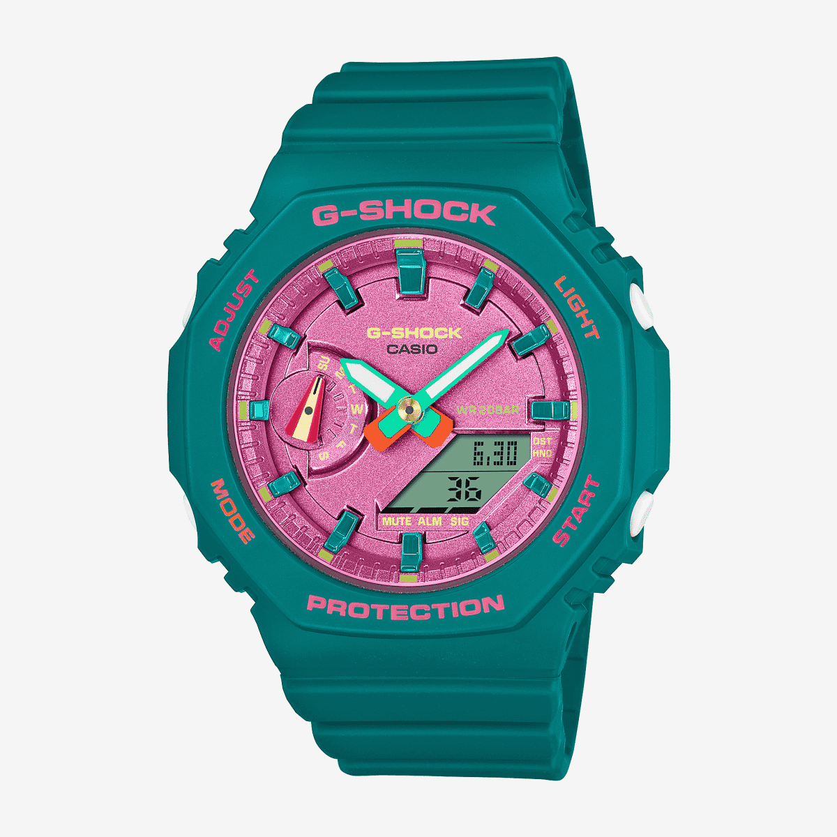 Vista frontal del Reloj Casio G-Shock Mujer GMA-S2100BS-3AER con brazalete verde y esfera rosa Vista frontal del Reloj Casio G-Shock Mujer GMA-S2100BS-3AER con brazalete verde y esfera rosa