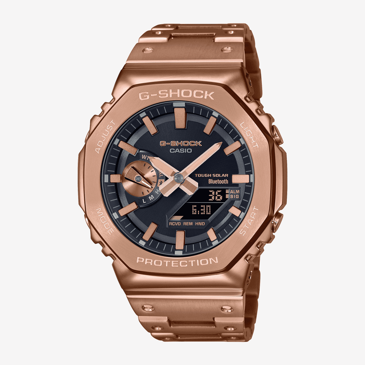 Vista frontal del Reloj Casio G-Shock Classic GM-B2100GD-5AER con brazalete color oro rosa y esfera negra Vista frontal del Reloj Casio G-Shock Classic GM-B2100GD-5AER con brazalete color oro rosa y esfera negra