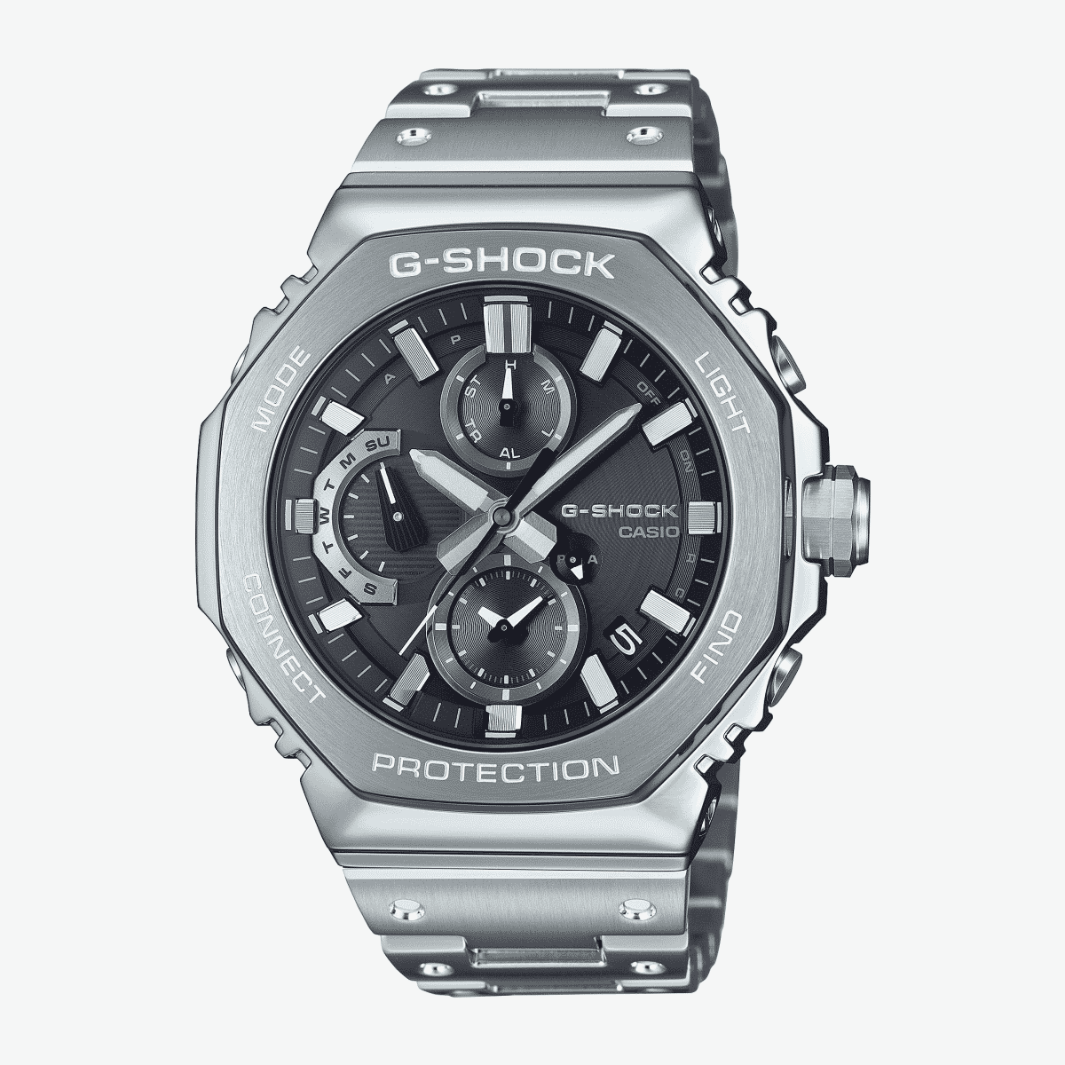 Vista frontal del Reloj Casio G-Shock Classic GMC-B2100D-1AER con brazalete plateado y esfera negra Vista frontal del Reloj Casio G-Shock Classic GMC-B2100D-1AER con brazalete plateado y esfera negra