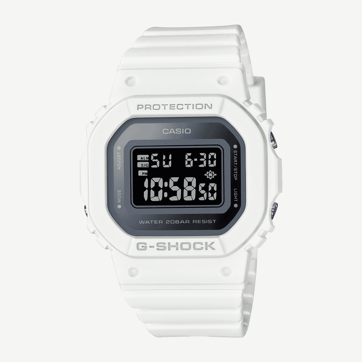 Reloj Casio G-Shock Digital Mujer GMD-S5600-7ER con brazalete blanco y esfera negra vista frontal Reloj Casio G-Shock Digital Mujer GMD-S5600-7ER con brazalete blanco y esfera negra vista frontal