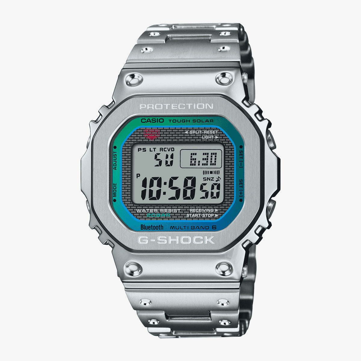 Vista frontal del Reloj Casio G-Shock Origen GMW-B5000PC-1ER con brazalete plateado y esfera negra Vista frontal del Reloj Casio G-Shock Origen GMW-B5000PC-1ER con brazalete plateado y esfera negra
