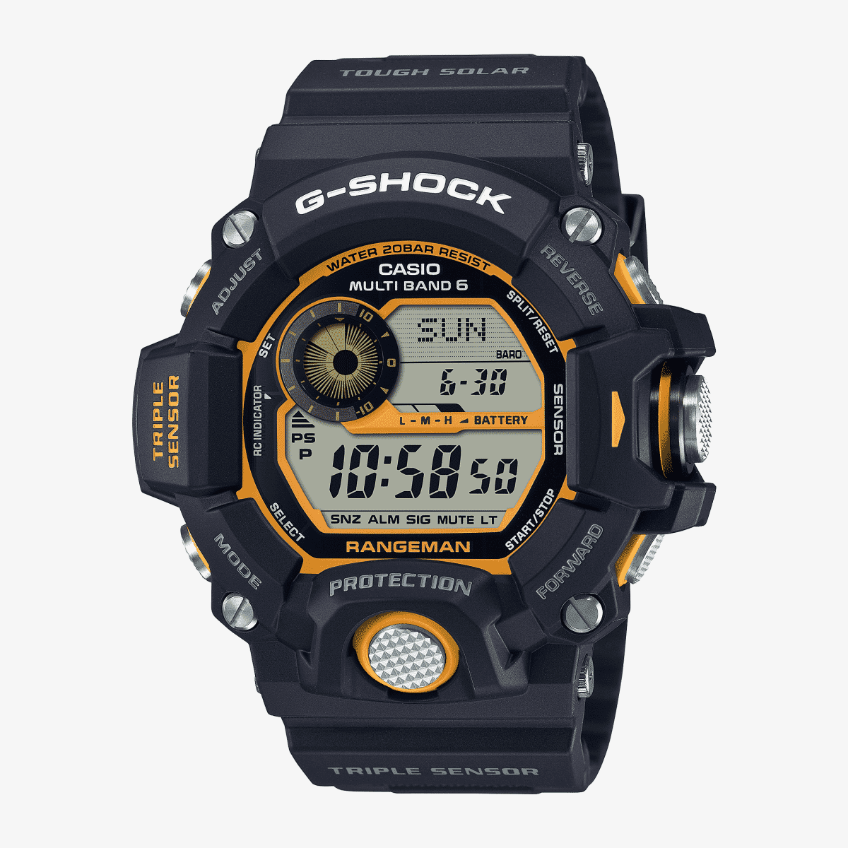 Vista frontal del Reloj Casio G-Shock Master Of G Yellow GW-9400Y-1ER con brazalete negro y esfera negra Vista frontal del Reloj Casio G-Shock Master Of G Yellow GW-9400Y-1ER con brazalete negro y esfera negra