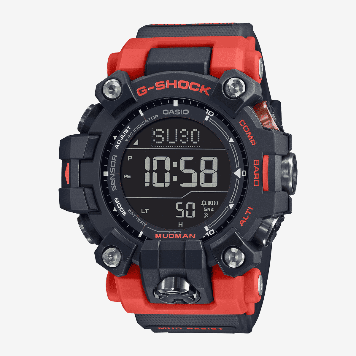 Vista frontal del Reloj Casio G-Shock Master Of G Mudman GW-9500-1A4ER con brazalete rojo y esfera negra Vista frontal del Reloj Casio G-Shock Master Of G Mudman GW-9500-1A4ER con brazalete rojo y esfera negra