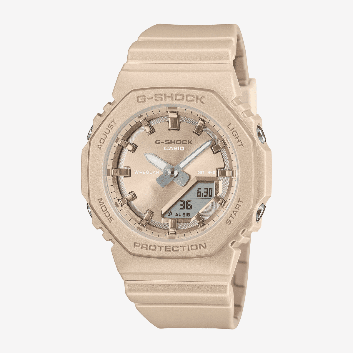 Reloj Casio G-Shock Mujer GMA-P2100ST-9AER con brazalete beige y esfera beis vista frontal Reloj Casio G-Shock Mujer GMA-P2100ST-9AER con brazalete beige y esfera beis vista frontal