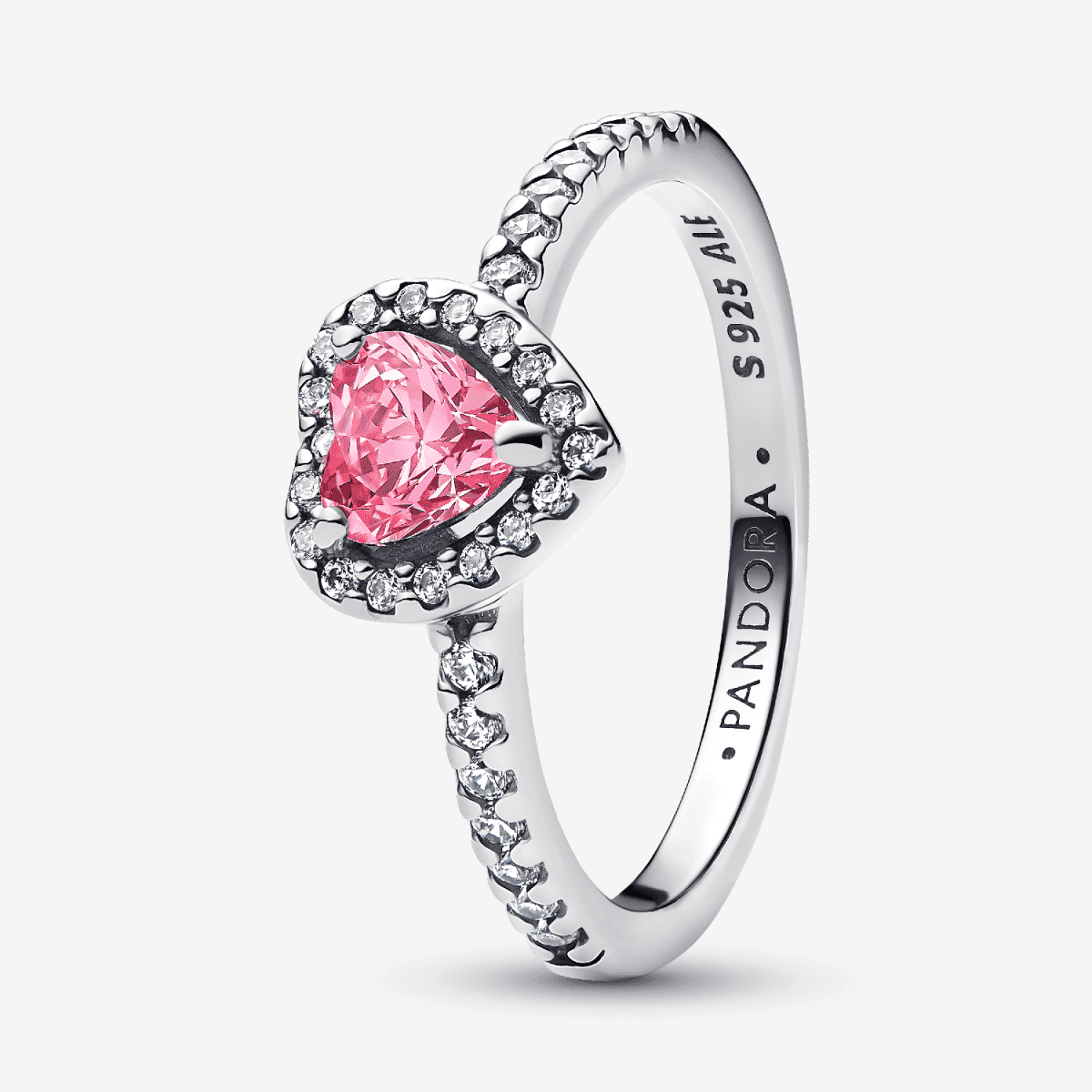 Anillo Corazón Rosa Elevado de Pandora en plata de ley con circonita cúbica rosa vista frontal - 198421C03