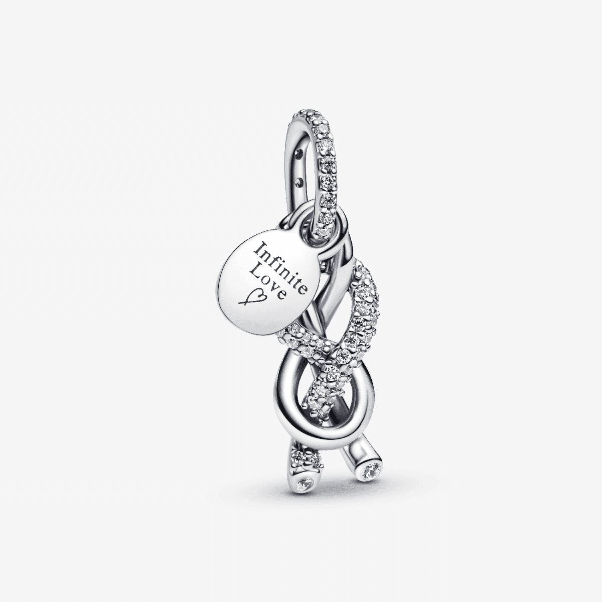 Vista del Charm Colgante Nudo Infinito y Pavé Pandora en plata de ley con circonitas transparentes - 793780C01
