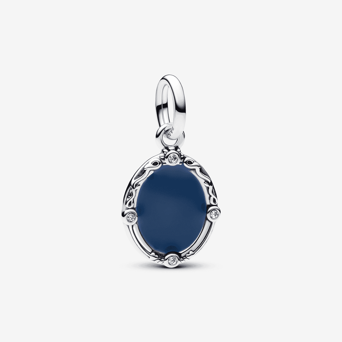 Vista frontal del Charm Colgante Espejo Mágico Blancanieves de Disney en plata de primera ley y esmalte azul - 793840C01
