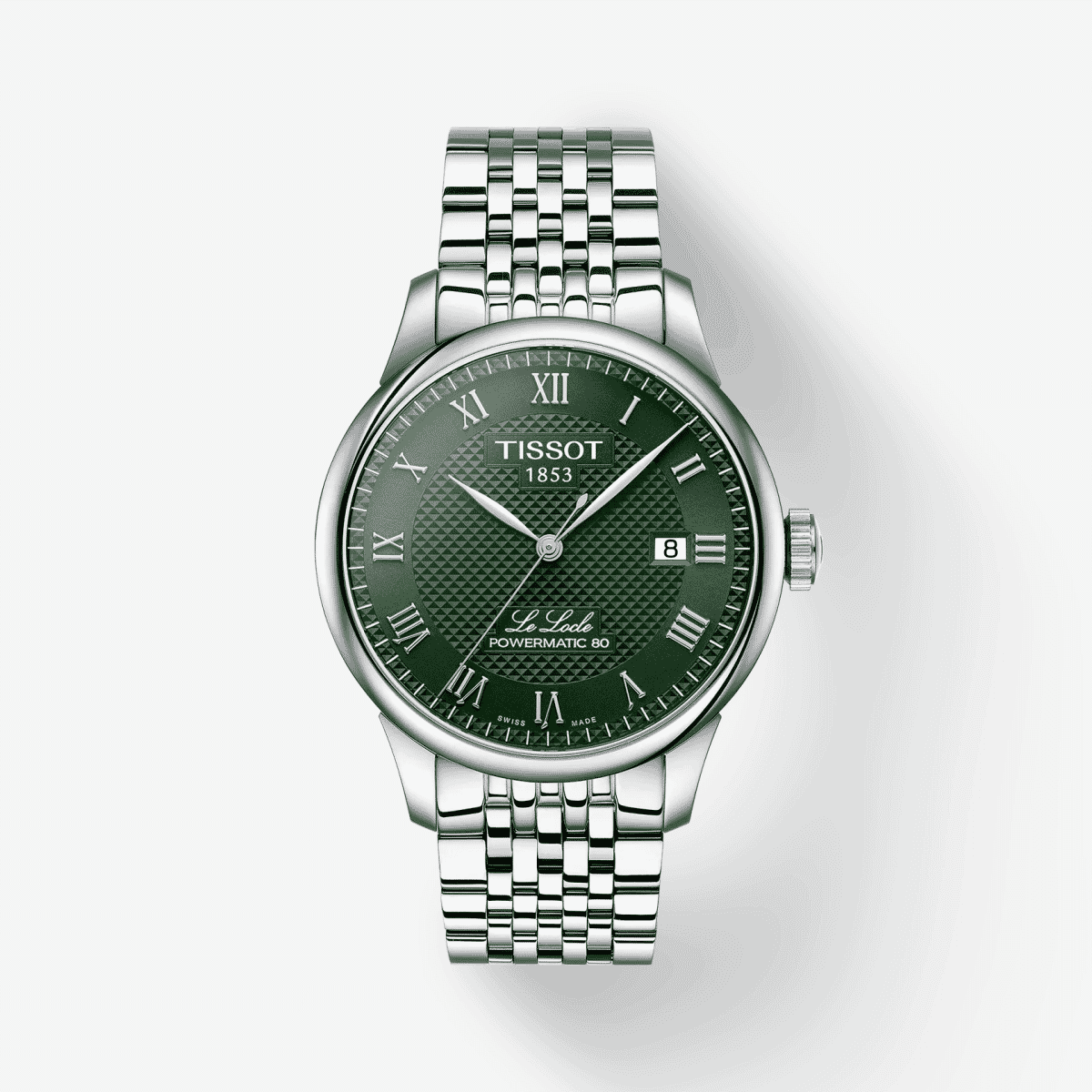 Reloj Tissot Le Locle Powermatic 80 con esfera verde y brazalete de acero inoxidable vista frontal - T0064071109300