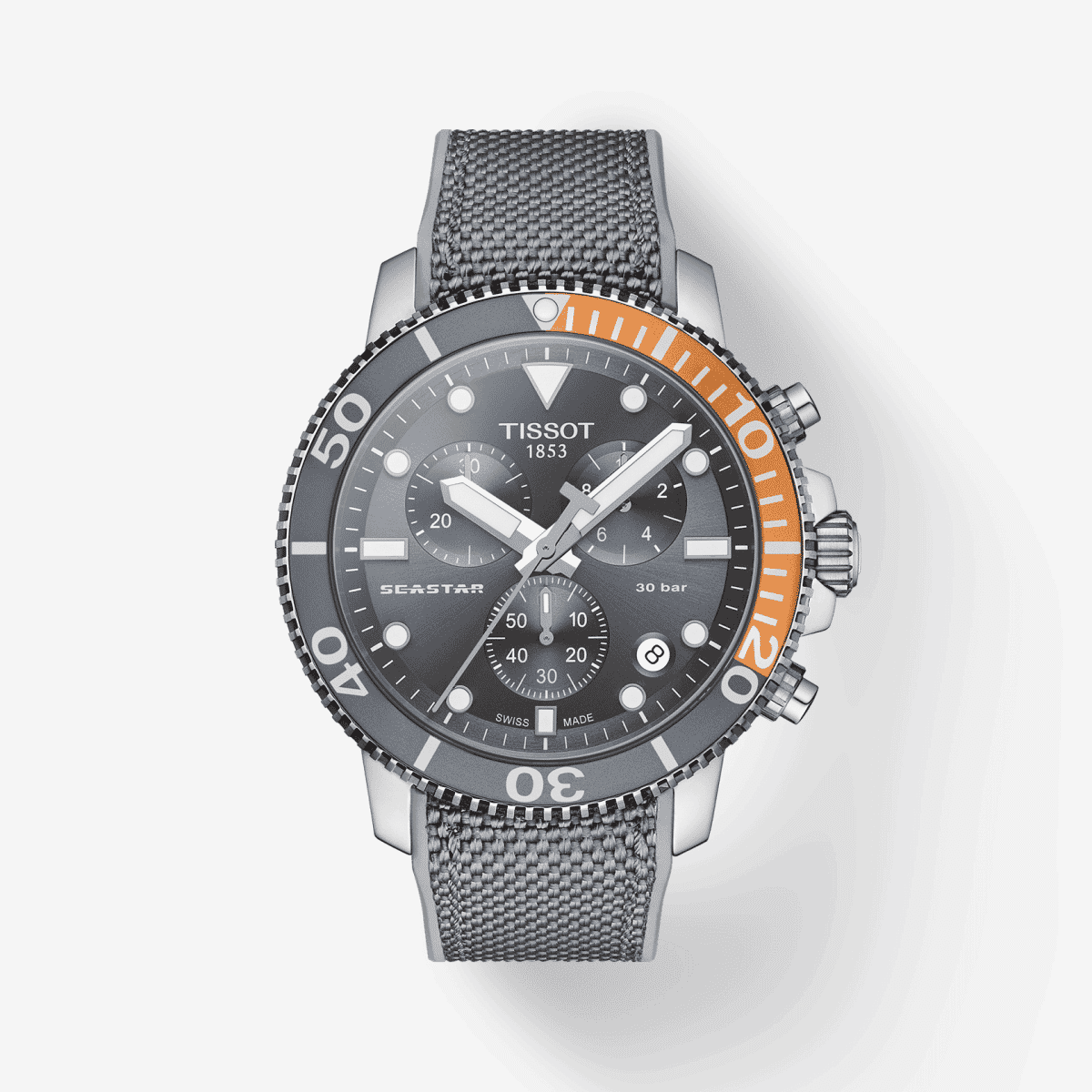 Reloj Tissot Seastar 1000 Chronograph con brazalete textil gris y bisel naranja - T1204171708101