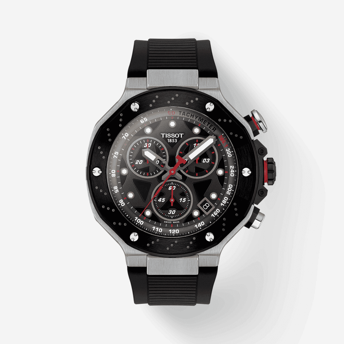 Vista frontal del reloj Tissot T-Race MotoGP Quartz Chronograph con brazalete de silicona negra y esfera gris - T1414172708100 Vista frontal del reloj Tissot T-Race MotoGP Quartz Chronograph con brazalete de silicona negra y esfera gris - T1414172708100
