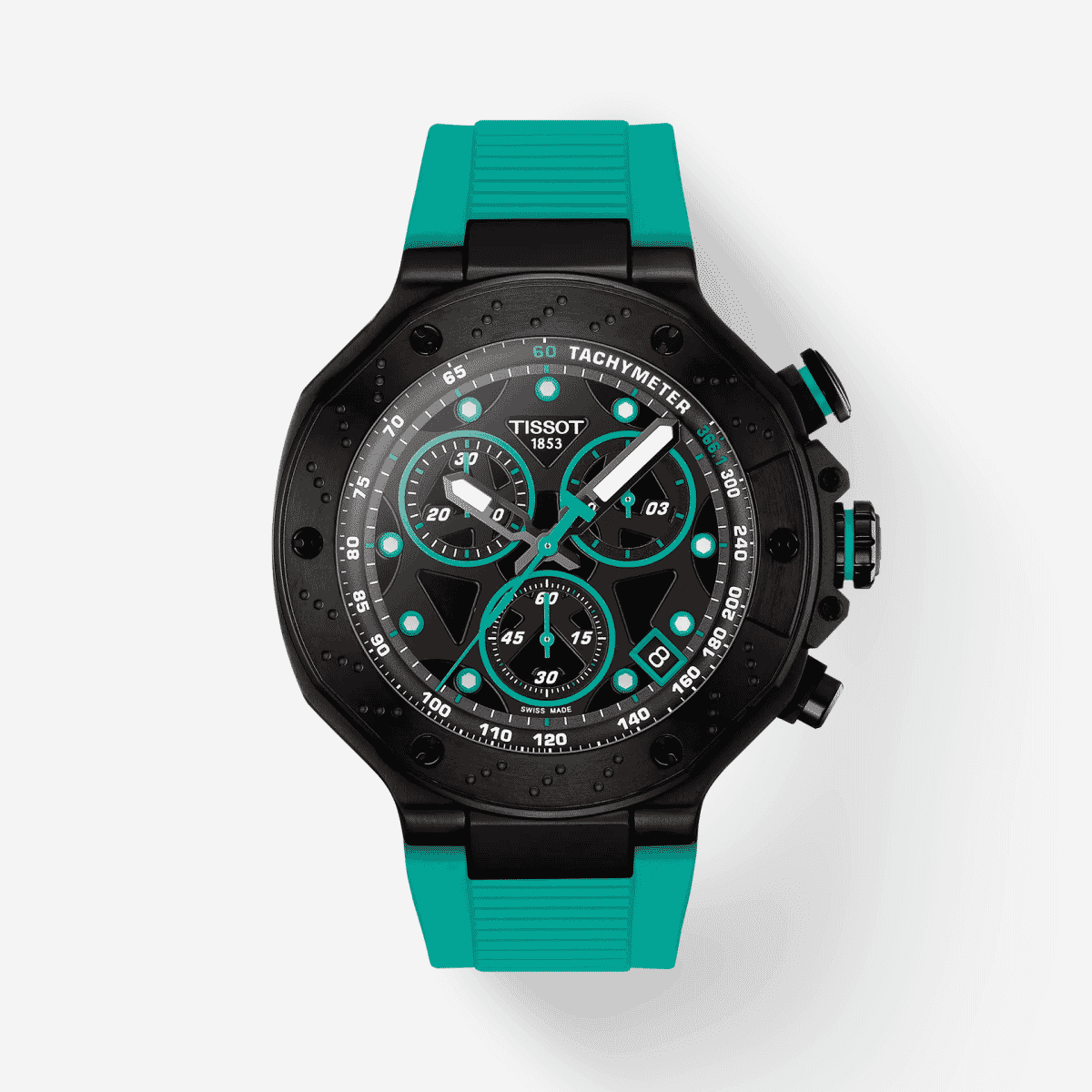 Reloj Tissot T-Race Quartz Chronograph con correa de silicona verde y esfera negra vista frontal - T1414173705101 Reloj Tissot T-Race Quartz Chronograph con correa de silicona verde y esfera negra vista frontal - T1414173705101