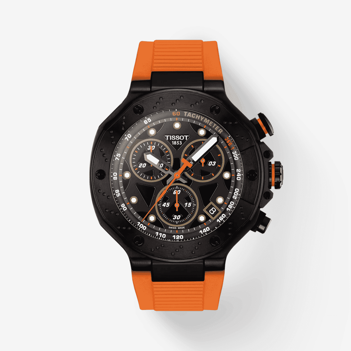 Reloj Tissot T-Race Quartz Chronograph con caja negra y correa naranja vista frontal - T1414173705102 Reloj Tissot T-Race Quartz Chronograph con caja negra y correa naranja vista frontal - T1414173705102