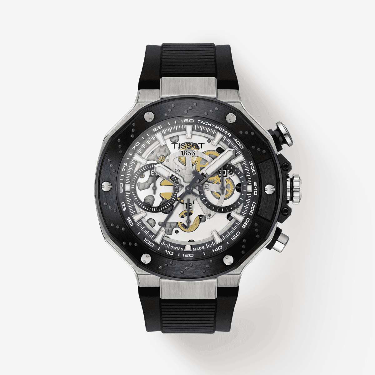 Vista frontal del reloj Tissot T-Race MotoGP Automatic Chronograph con correa de silicona negra y esfera transparente - T1414622704100 Vista frontal del reloj Tissot T-Race MotoGP Automatic Chronograph con correa de silicona negra y esfera transparente - T1414622704100