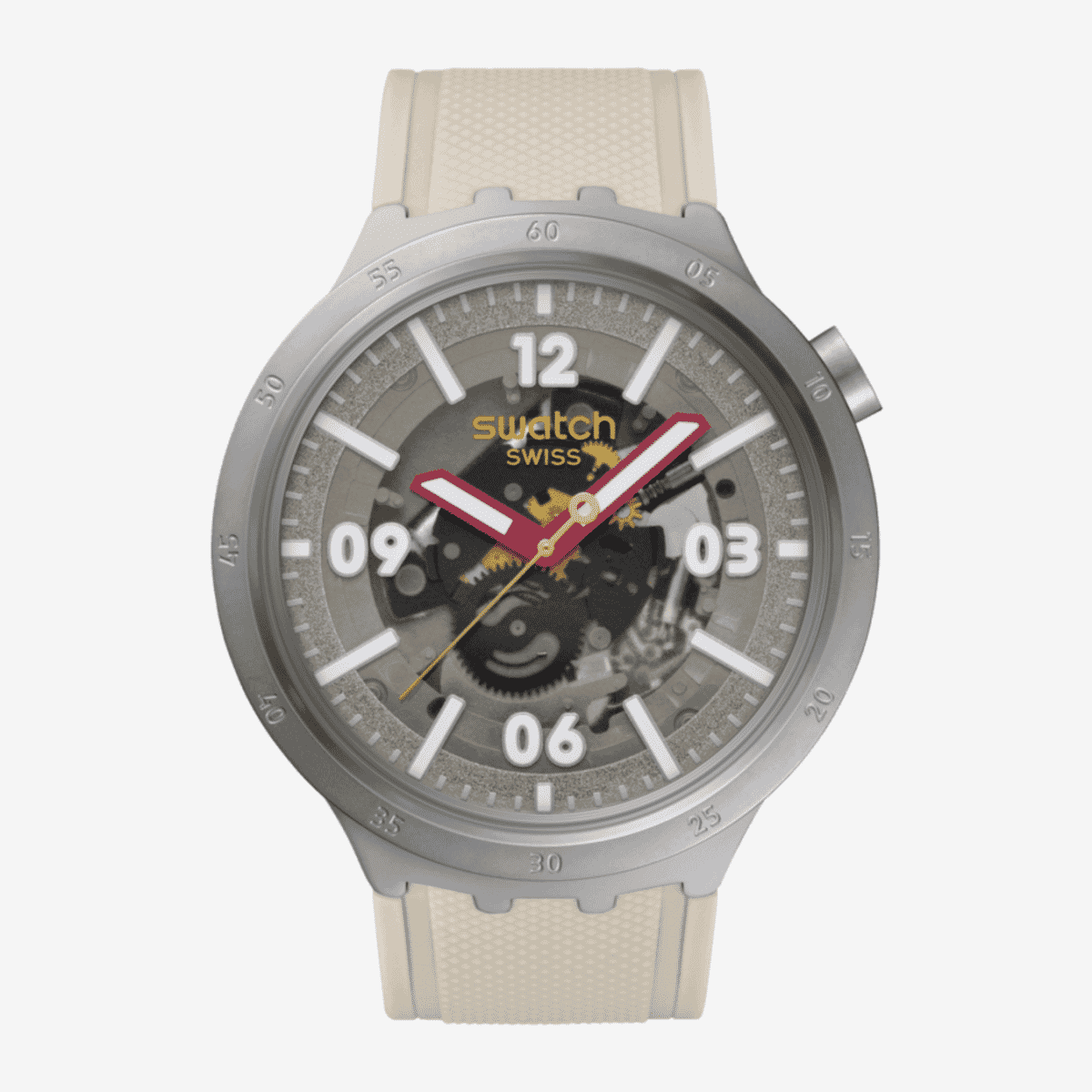 Reloj Swatch Confident Moment SB07S125 con correa de silicona beige y caja gris vista frontal - SB07S125 Reloj Swatch Confident Moment SB07S125 con correa de silicona beige y caja gris vista frontal - SB07S125