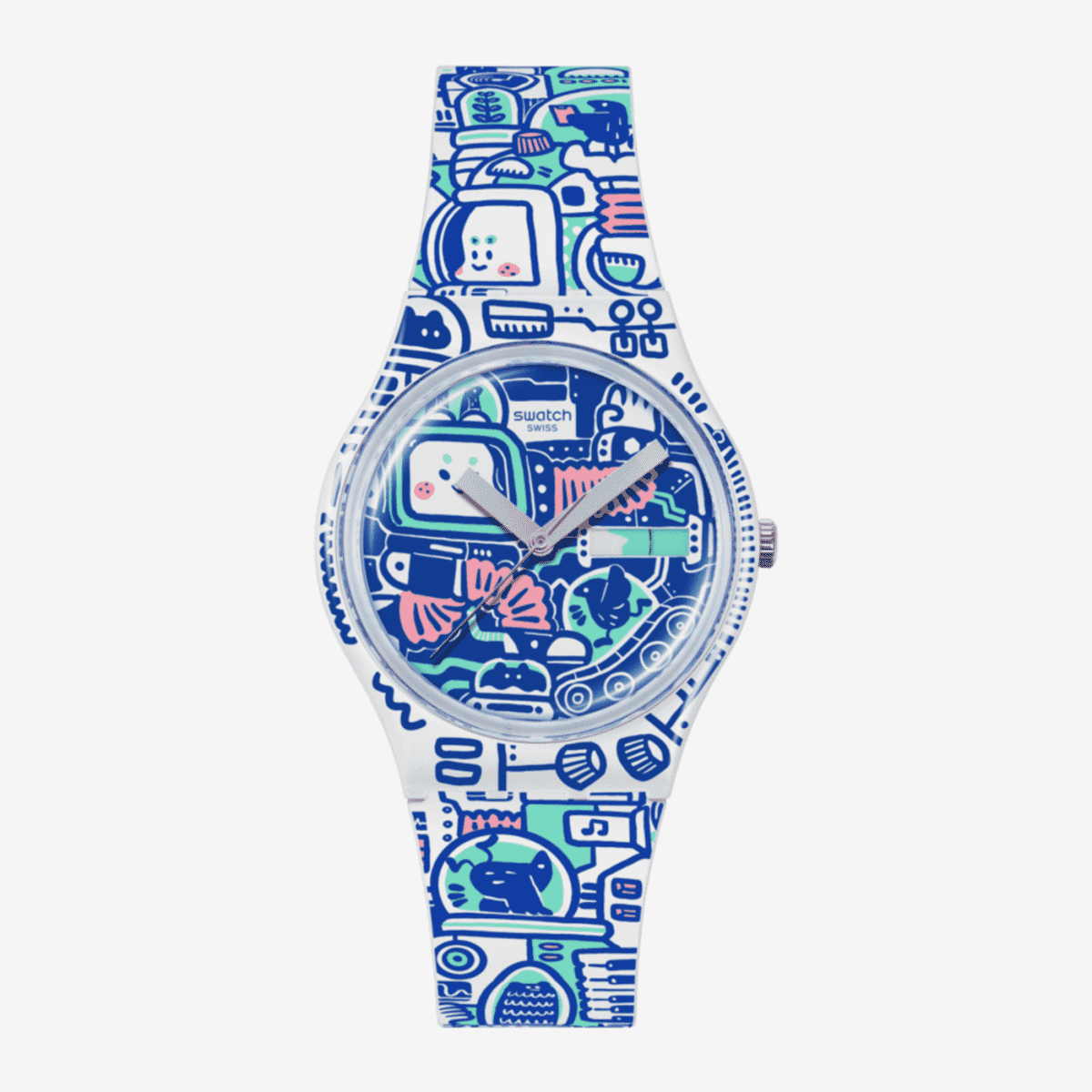 Reloj Swatch B-Bot SO28Z702 vista frontal con correa de silicona blanca y esfera blanca multicolor - SO28Z702