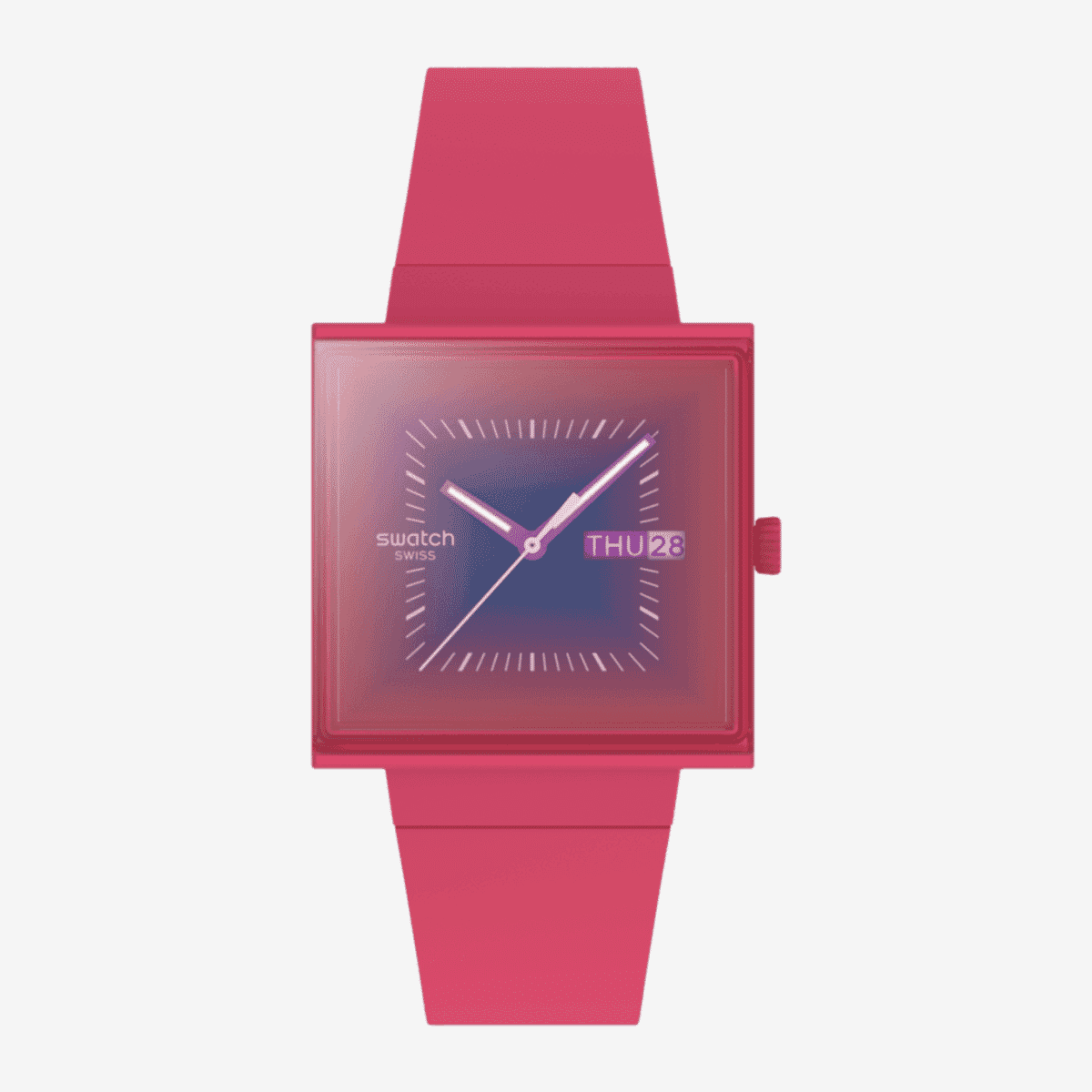 Reloj Swatch Squarely Berry SO34R700 con caja y correa rosa vista frontal - SO34R700 Reloj Swatch Squarely Berry SO34R700 con caja y correa rosa vista frontal - SO34R700
