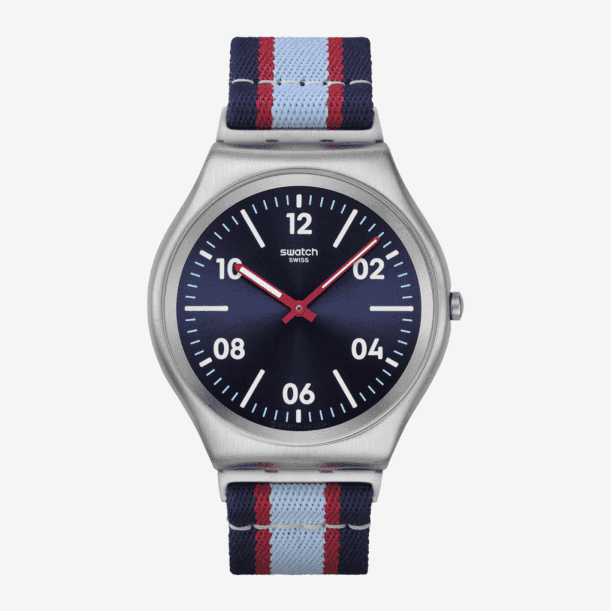 Reloj Swatch Beside the Sea con caja gris y correa textil azul - SS07S148