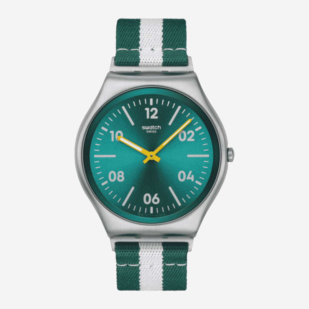 Reloj Swatch Casual Stripe SS07S149 con correa textil verde y blanca vista frontal - SS07S149