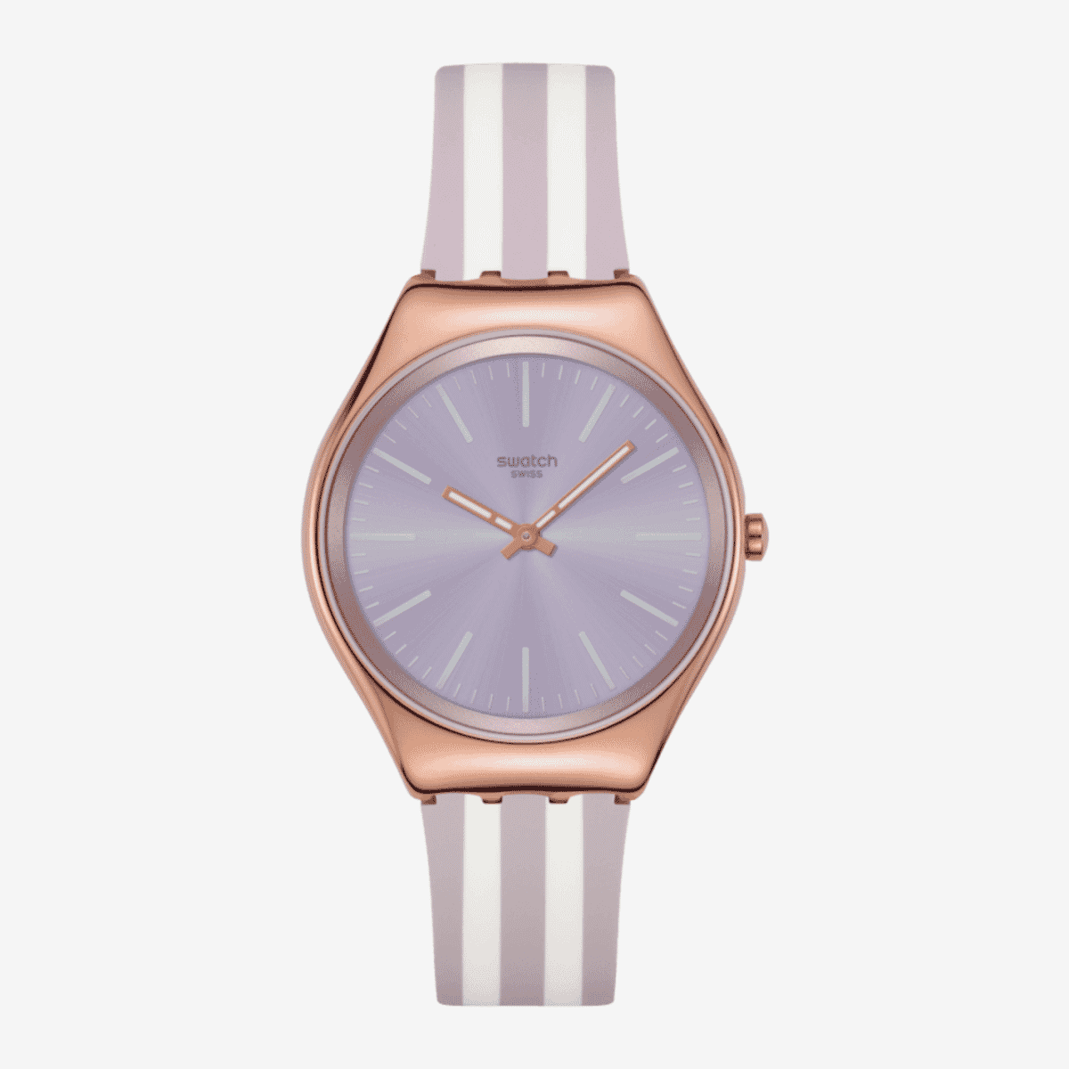 Reloj Swatch Simply Beachy SYXG130 con caja chapada en oro rosa y correa de silicona a rayas - SYXG130 Reloj Swatch Simply Beachy SYXG130 con caja chapada en oro rosa y correa de silicona a rayas - SYXG130