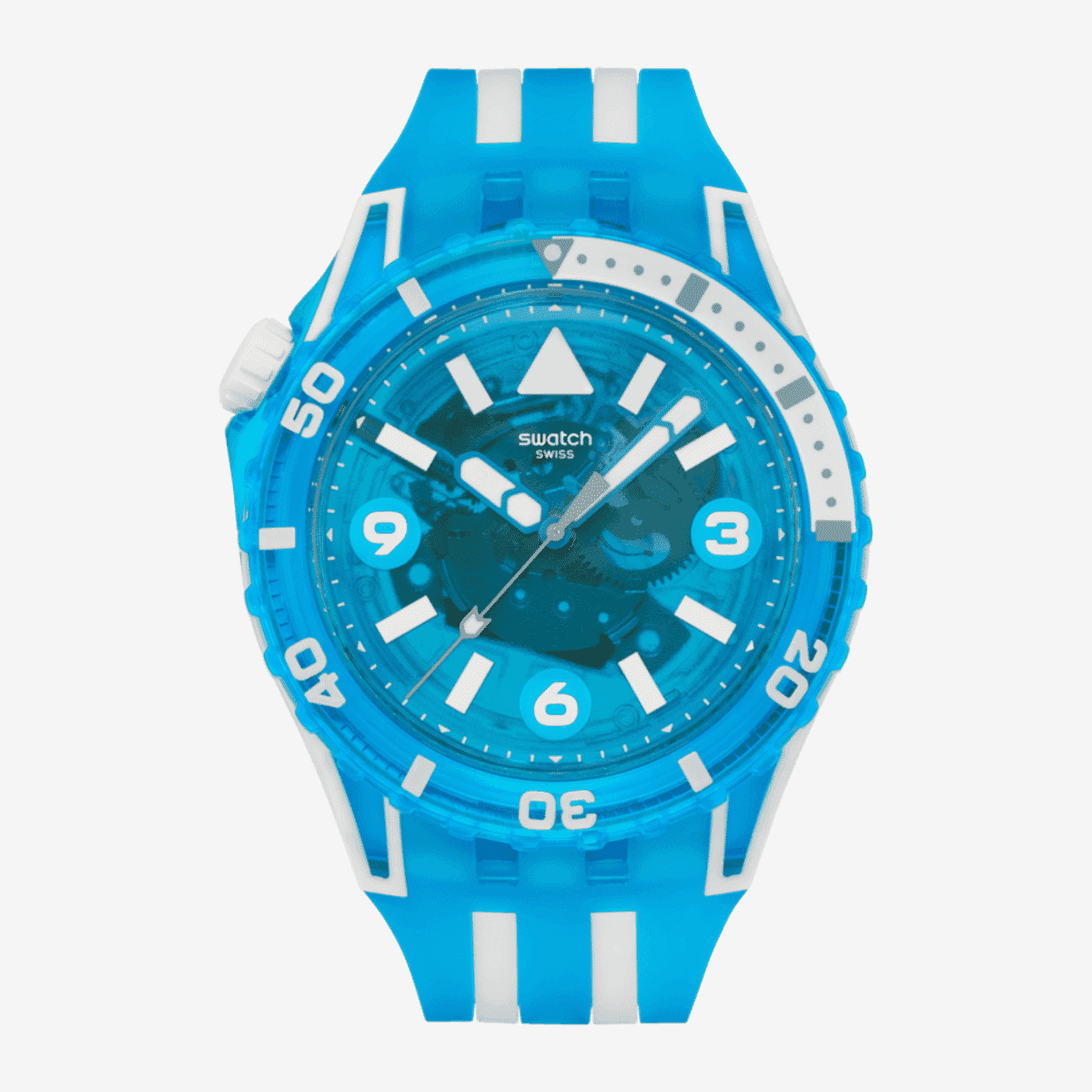 Reloj Swatch Blue Fire con correa de silicona azul y blanca vista frontal - SSCU09S100 Reloj Swatch Blue Fire con correa de silicona azul y blanca vista frontal - SSCU09S100
