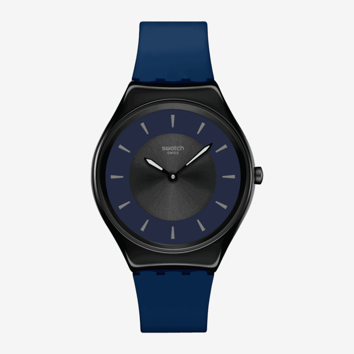 Reloj Swatch Duet at Dusk con correa de silicona azul y esfera azul vista frontal - SYXB108