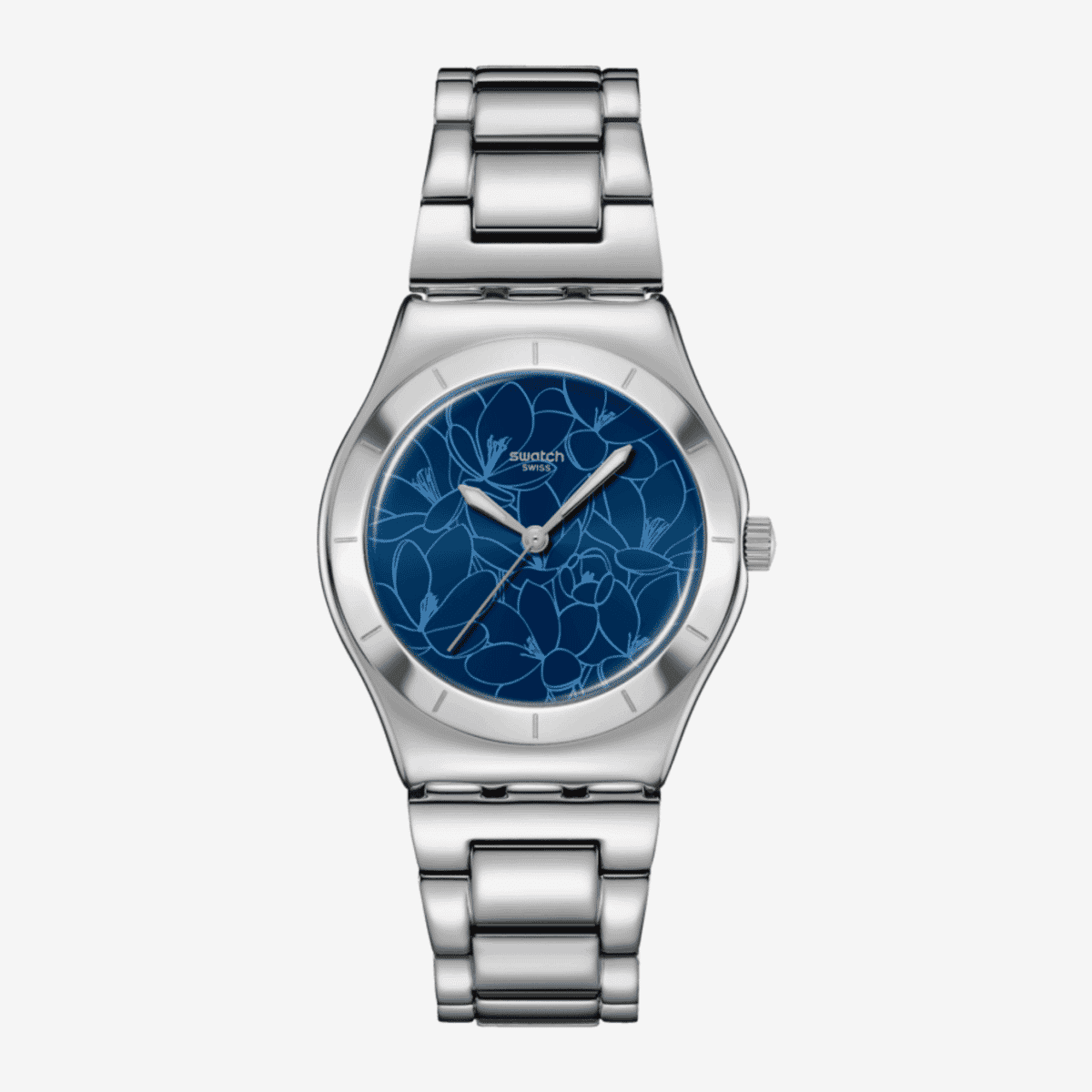 Reloj Swatch Petal Frenzy YLS235G con brazalete de acero inoxidable y esfera azul - YLS235G
