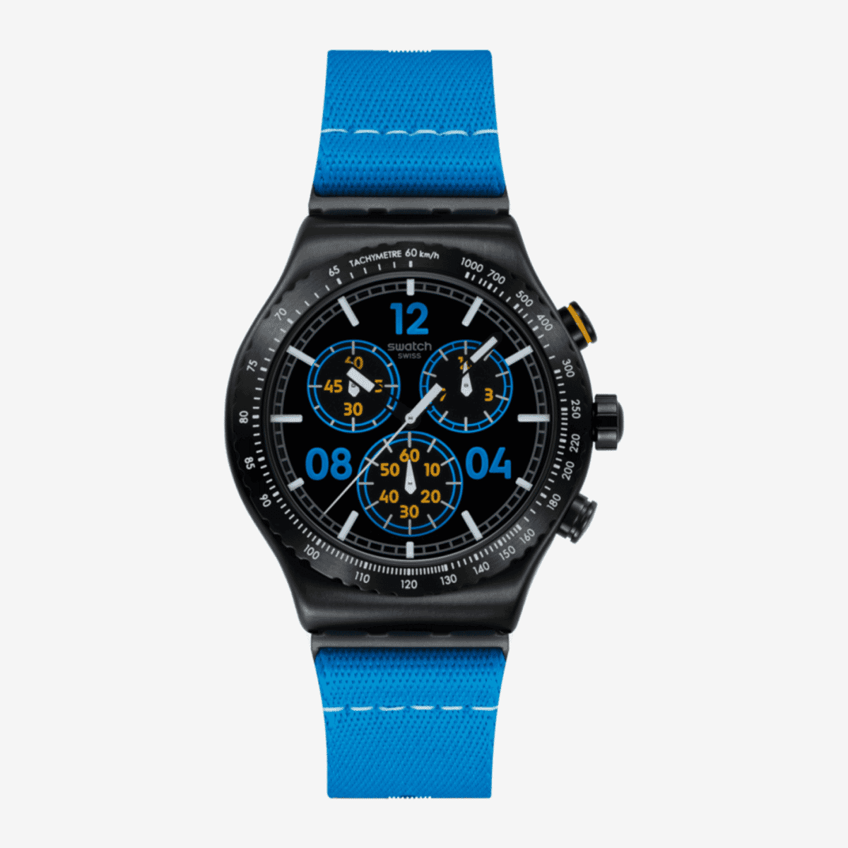 Reloj Swatch Moments in Blue con caja negra y correa textil azul vista frontal - YVB100 Reloj Swatch Moments in Blue con caja negra y correa textil azul vista frontal - YVB100