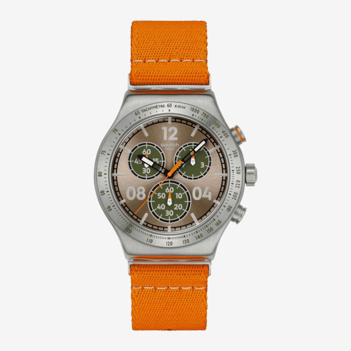 Reloj Swatch Vacation Time YVS101 con correa textil naranja y caja gris vista frontal - YVS101 Reloj Swatch Vacation Time YVS101 con correa textil naranja y caja gris vista frontal - YVS101
